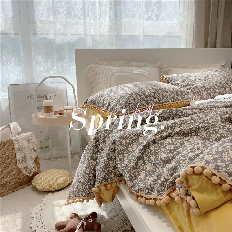 Pear Dream Style Retro Pure Cotton Small Crushed Flowers Four Sets Full Cotton Linen Quilt Cover Bed Bedding Wool Ball Side Edge
