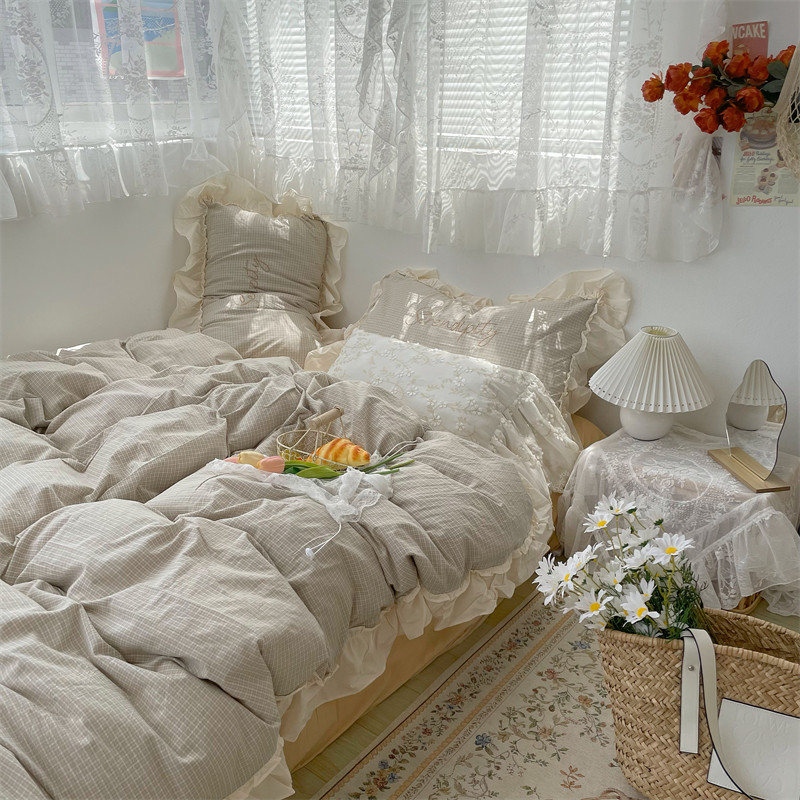 Pear Dreams Ins Girl Hearts Pure Cotton Washed Cotton Four Sets Full Cotton Linen Quilt Cover Bed Hat Student Dormitory Bed