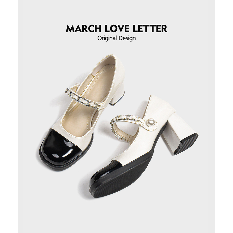 [March Love Letter] Chanel-Style French Mary Jane Leather Shoes for Women, Black and White Color-Blocking Chunky Heel Single Shoes, High Heels