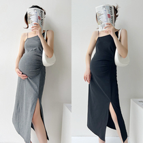Pregnant woman dress in summer dress with dress and dress in Korean version of pure colour with a long section of skirt children in the side open fork