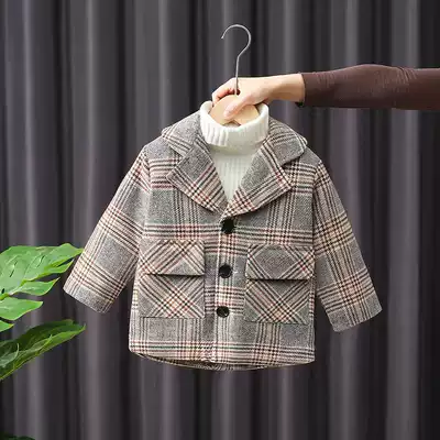 Boys' woolen coat plus velvet thickened Korean version of baby woolen foreign school children autumn and winter new children's plaid coat
