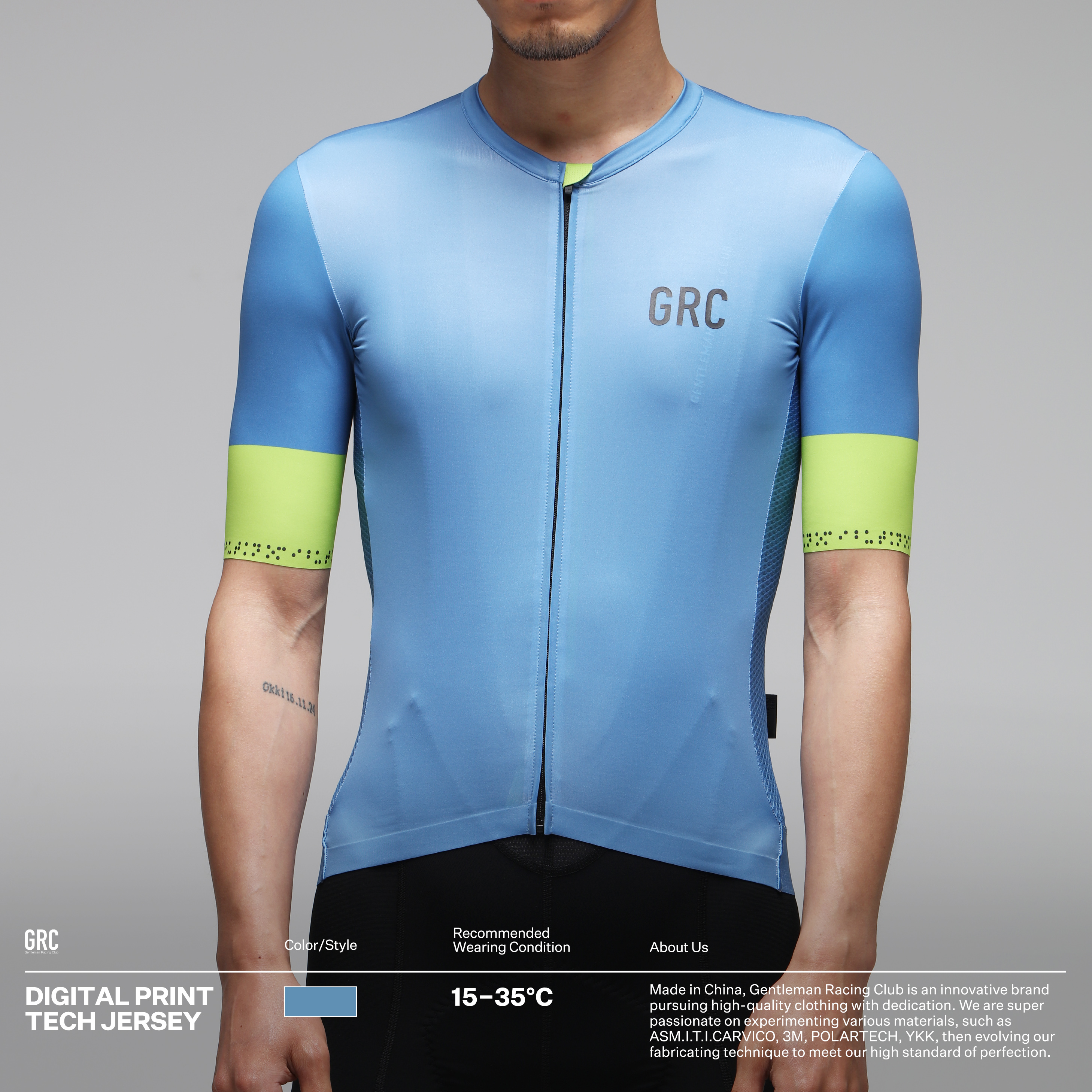 GRC Endless Riding Suit Grey Bluegrass Green Short Sleeve Blouses ANTIBACTERIAL CONTROL WARM ROAD BIKE RIDE FOR MALE