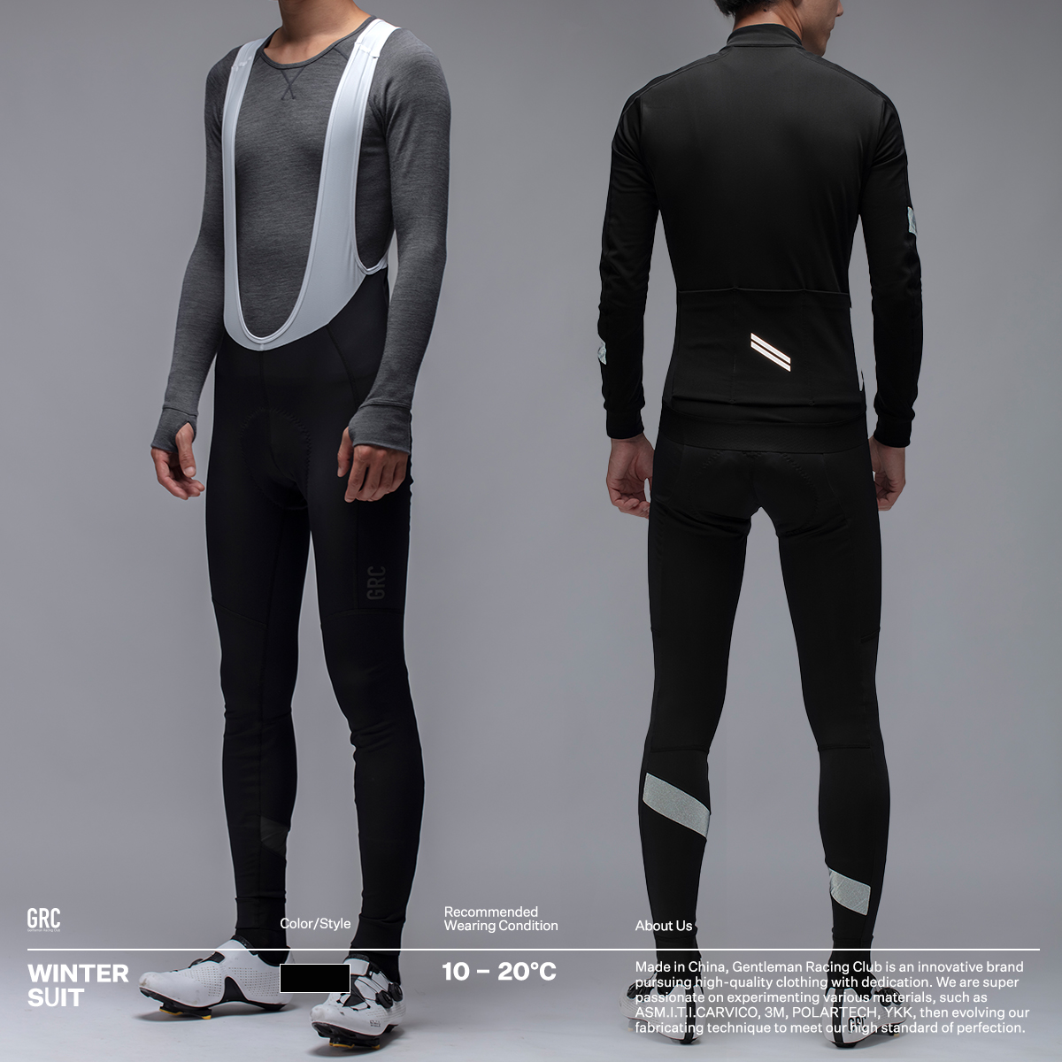 GRC Classic Autumn/Winter Fleece Warm Breathable Reflective Road Bike Ride Suit Strap Strap Trousers Long Sleeve Top Set