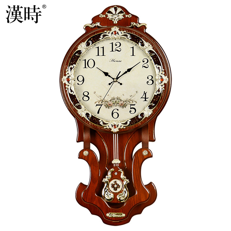 Hanshi living room silent big pendulum clock European pastoral hotel Antique creative 16-inch wooden wall clock Quartz clock HP07