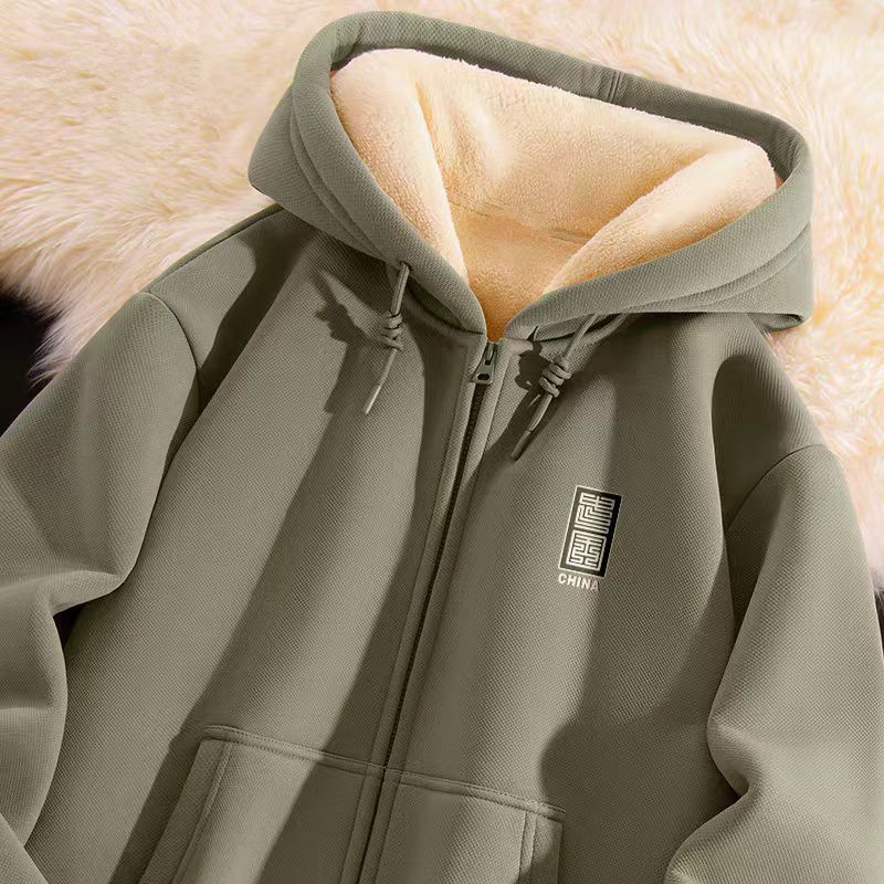 Jacket 2025 New Cardigan Warm Lamb Fleece Hoodie with Extra Fleece and Thickened for Winter, Palm Green Sweatshirt for Men 12