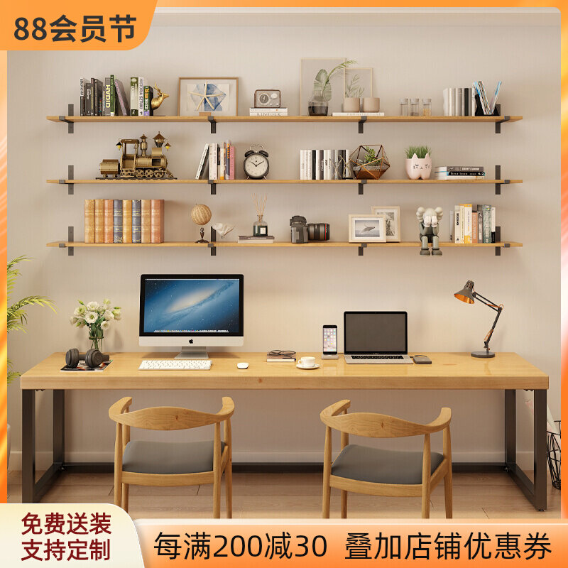 Simple solid wood computer desk desk desk shelf combined desk desk workbench against wall long tables