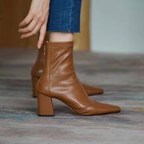 M L Monroe sw high heel slim boot female autumn winter new coarse heel elastic boots Korean version temperament 100 hitch genuine leather