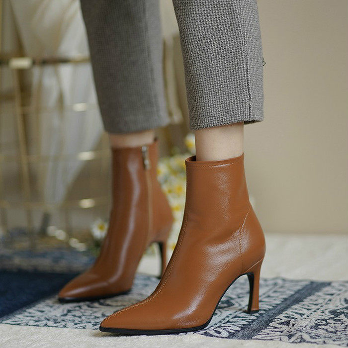 ML Monroe goddess recommended ~ leather high-heeled ankle boots female pointed caramel sheepskin soft bottom autumn and winter Martin boots