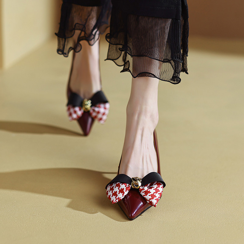 M L Monroe goddess private collection ~ leather pointed bow bag shoes women's retro patent leather wine red high heels