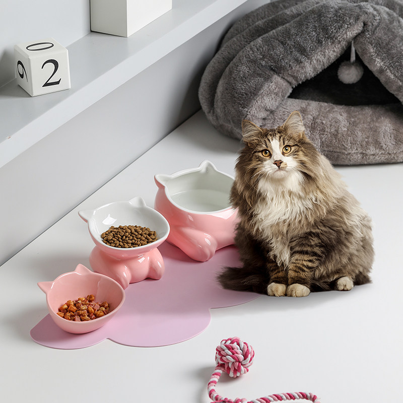 Ceramic Pet Bowl Cat Bowl Cat Rice Bowl Small Q Bowl Protecting Cervical Slope Drinking Bowl Kitten Food Basin High Bowl