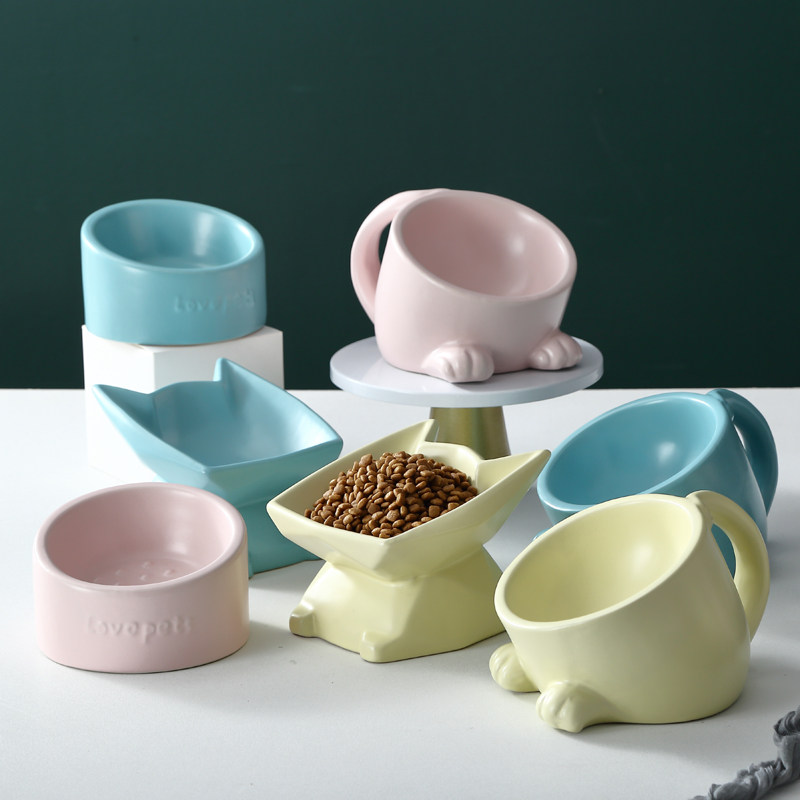 Cat Bowl Ceramic High Feet Protection Cervical Spine Anti-Tipping Water Bowl Double Bowl Pet Bowl Dog Cat Food Bowl Cat Food Basin