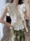 Zhang Sesou 25SS ນາງສາວ Romandy ເສື້ອ V-neck French ruffled sleeves small flyated top chic