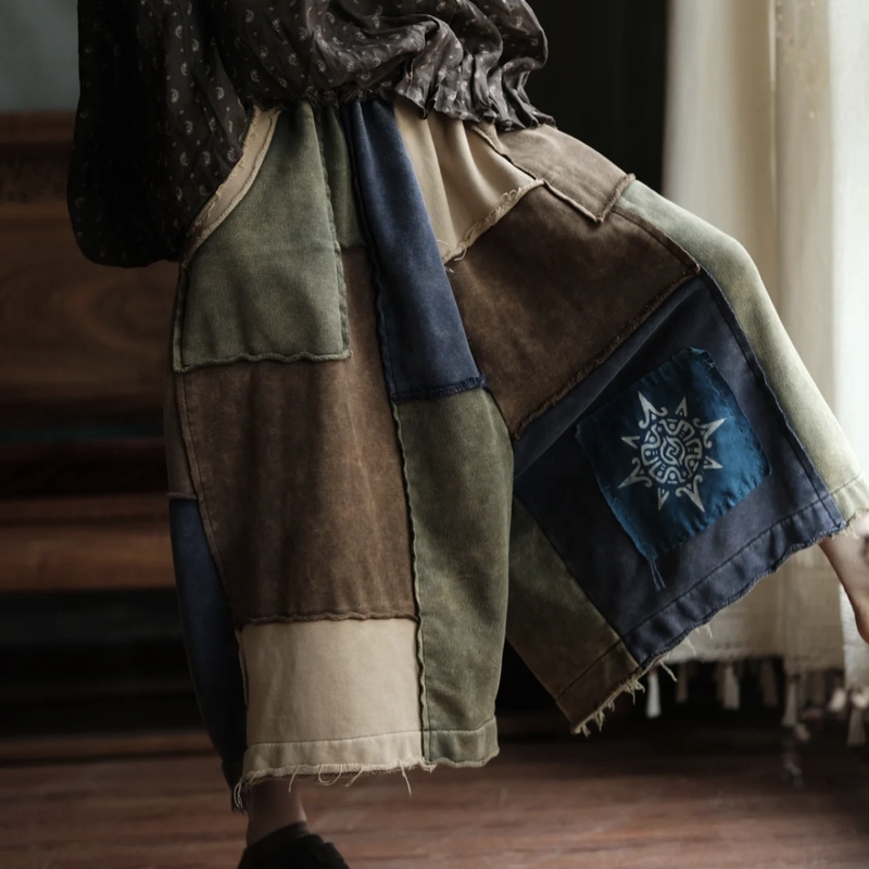 Wasteland Style Unique Knitted Cotton Color-Block Patchwork Frayed Hem Cropped Pants Niche Artistic Casual Elastic Wide-Leg Pants