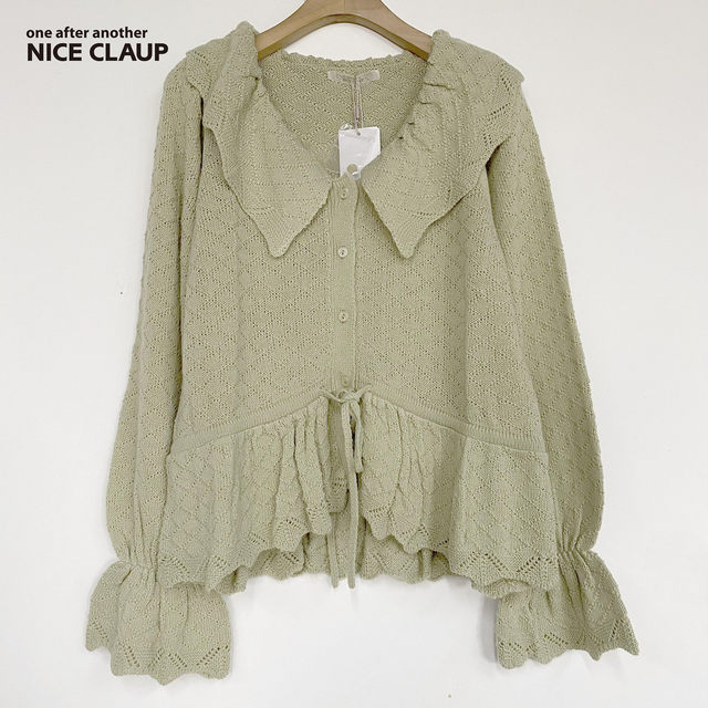 NiceClaup ສະໄຕລ໌ຍີ່ປຸ່ນງາມແບບຕຸ໊ກກະຕາແບບເທ່ືອກໆຄໍລະຄັງ bell sleeve waist knitted cardigan 148837030C