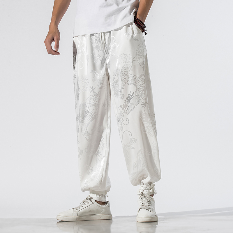 Dragon Embroidery Chinese Style Pants Summer Thin Silk Wide-Leg Pants Men's Hanfu Full Set Casual Jogger Pants