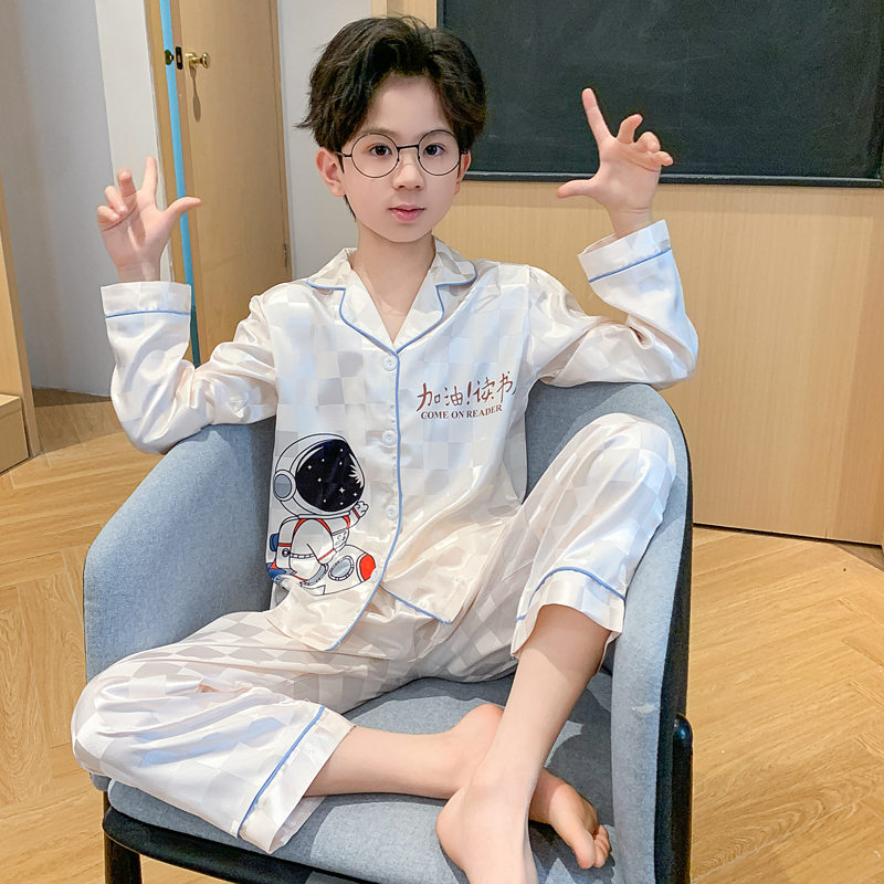 2026 New Children's Ice Silk Pajamas for Boys, Spring and Autumn Long-Sleeved Thin Style, Boys' Big Kids' Loungewear, Summer Air-Conditioned Clothing 2026 New Children's Ice Silk Pajamas for Boys, Spring and Autumn Long-Sleeved Thin Style, Boys' Big Kids' Loungewear, Summer Air-Conditioned Clothing