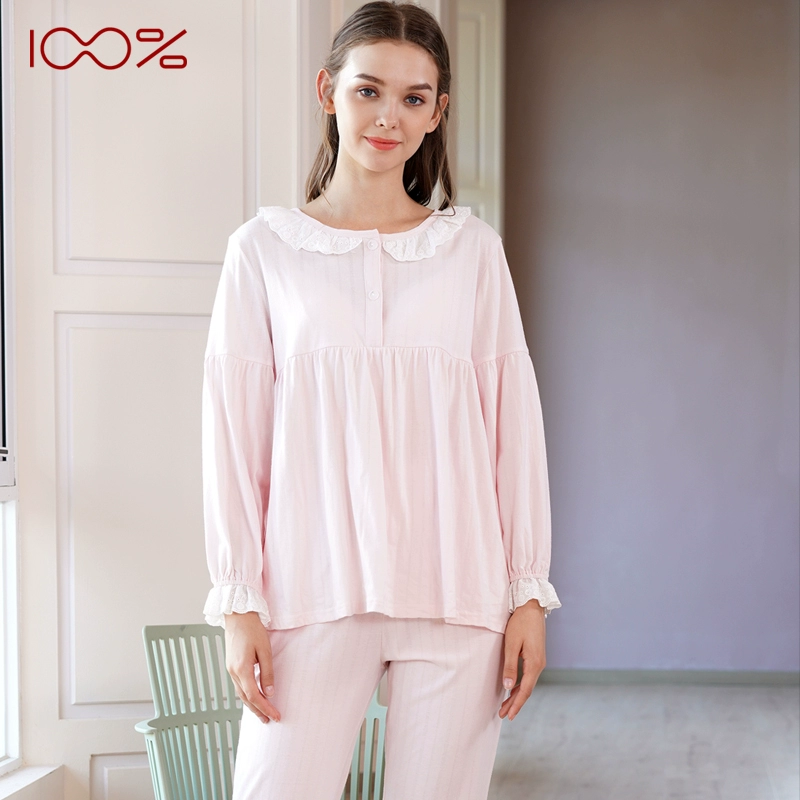 Bộ đồ ngủ nữ mặc nhà xuân hè 100% cảm thấy ngọt ngào và ngọt ngào tay dài cotton mỏng thoải mái bộ đồ hàn quốc tươi mát - Giống cái