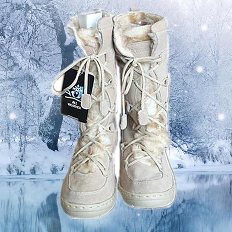 Women's lace-up high barrel low heel skin velvet snow boots foreign trade warm shoes ultra light beige