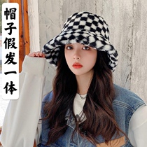 Net red checkerboard fisherman hat wig one long curly hair autumn and winter warm Joker fashion plush basin hat