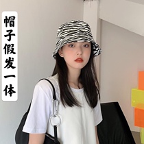 Zebra pattern retro fisherman hat wig one-piece short straight hair sunscreen hat childrens bucket sunshade cap cap full head cover