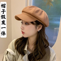 Hat wig integrated medium and long curly hair Star octagonal beret female tide autumn winter Net red painter duck tongue hat Joker