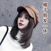 Hat wig one collarbone octagonal beret autumn and winter women warm Joker Korean version of tide wig full head cover