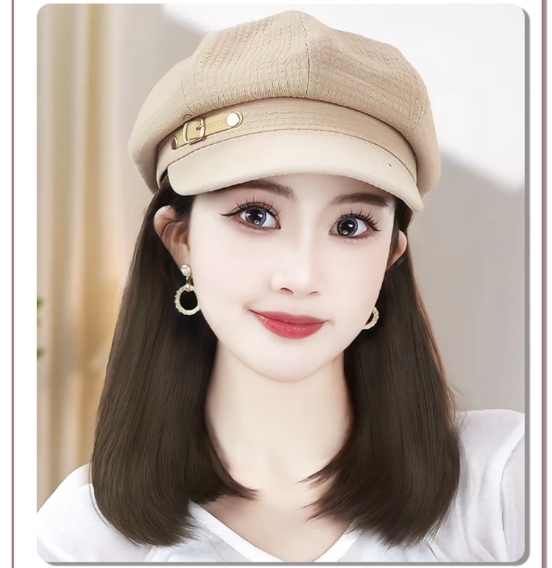 Fashionable Shoulder-Length Wig Hat with Versatile Leather Buckle Octagonal Hat, Wig Integrated Short Inner Curl Hat with Wig Fashionable Shoulder-Length Wig Hat with Versatile Leather Buckle Octagonal Hat, Wig Integrated Short Inner Curl Hat with Wig