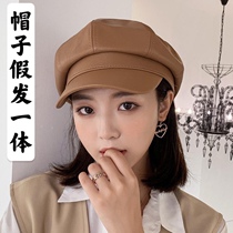 Puleather octagonal hat wig one shoulder short hair autumn and winter tide British Joker Net red and black duck tongue newsboy hat