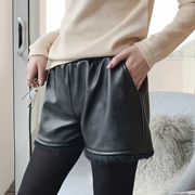 Mùa thu đông 2018 mới đen cao eo rộng cộng với quần nhung da quần short nữ khâu tua rua lông thỏ ống rộng
