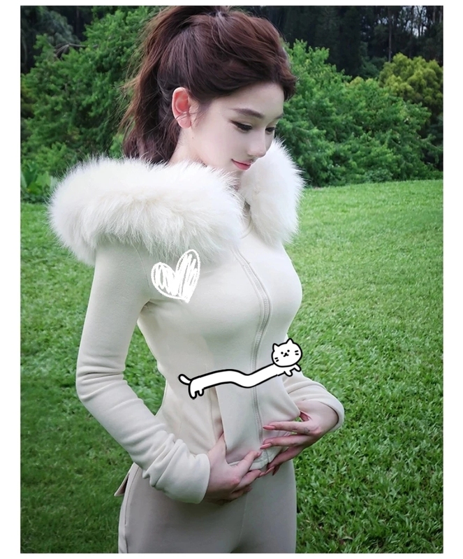 Real Fox Fur Large Fur Collar! Hooded Fur Collar Slim-Fit Pure Desire Zipper Jacket for Women Early Autumn Stylish Cardigan Top