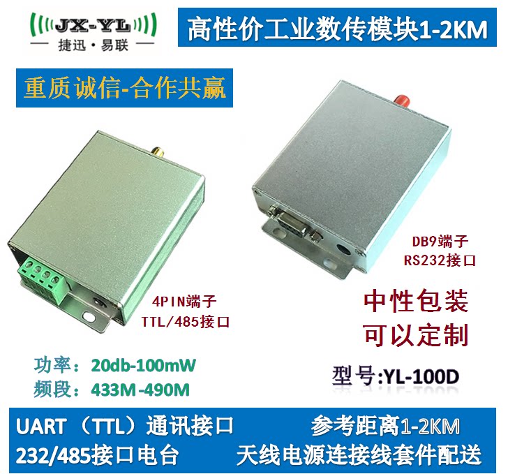 YL-100D long-distance wireless digital radio 433M serial single chip 232 485 wireless transceiver module