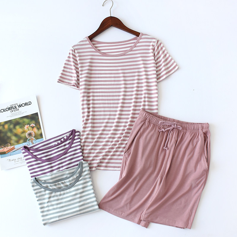 New Modale Cotton Short Sleeve Shorts Home Conserved Women Summer Thin style Casual Fresh Stripes can be worn outside the home Suits Suit