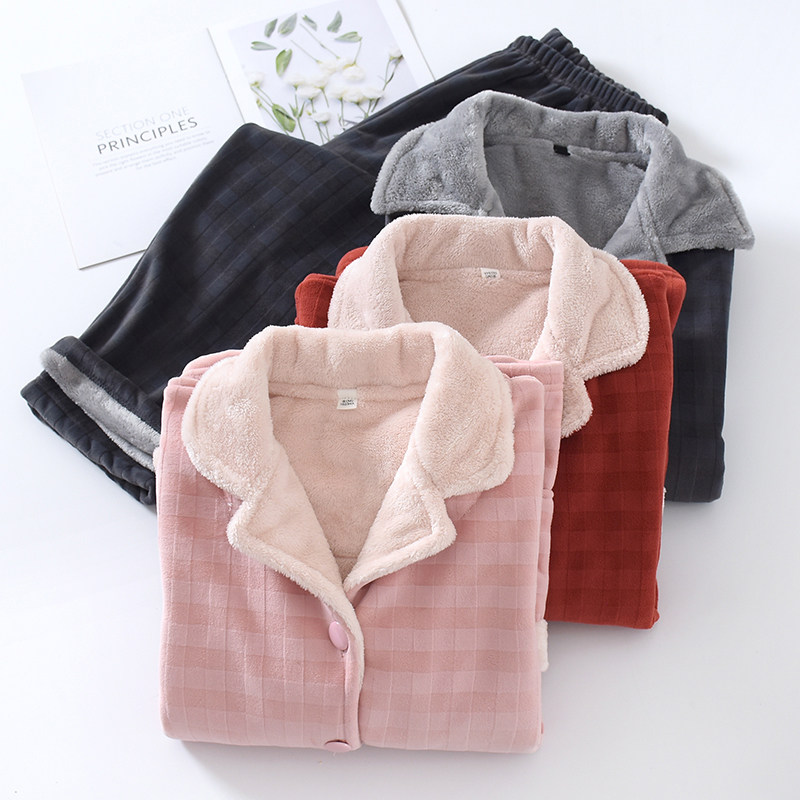 Day Department Composite Bebelting Home Suits Women's Winter Thickened Warm Casual Plaid Double Face Coral Suede Sleeping Suit Man
