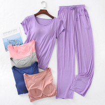 With chest pad modal short sleeve trousers pajamas women Summer pullover thin size size non-bra half sleeve home suit set
