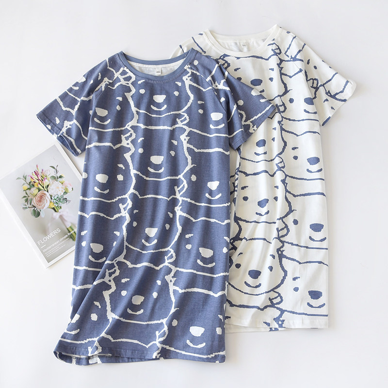 2021 New Pure Cotton Sleeping Dress Short Sleeves Women Summer Thin Loose Korean Version Cartoon Teenage Girl Student Full Cotton Home Dress