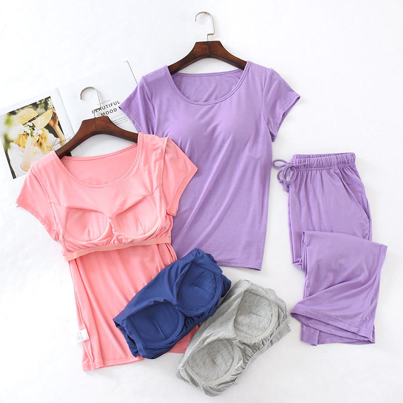 New thin Modale cotton female summer sleeve seven - pencil pajamas two - piece suit large size with chest mat home suit