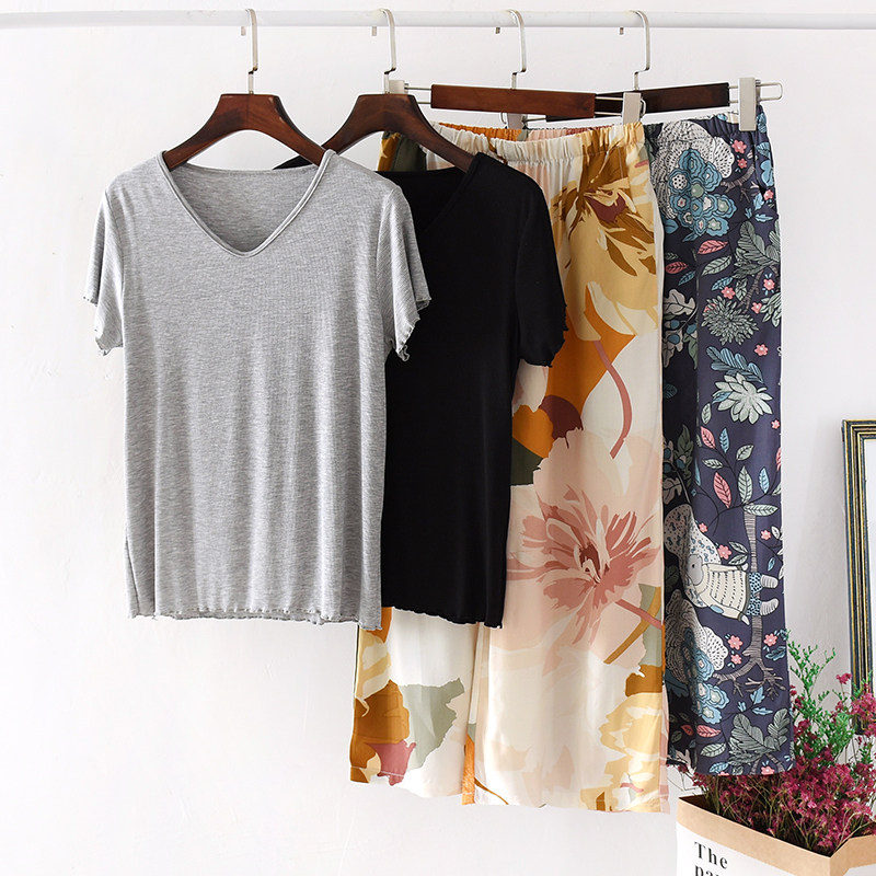 Modal cotton short-sleeved three-point pants suit V-neck thin section comfortable loose wide-leg hanging home pajamas can be worn outside