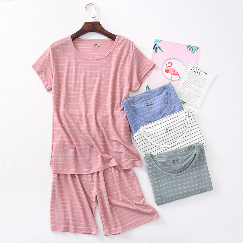 Thin breathable short-sleeved shorts Home clothes women's summer can wear casual sports loose striped pajamas two-piece set