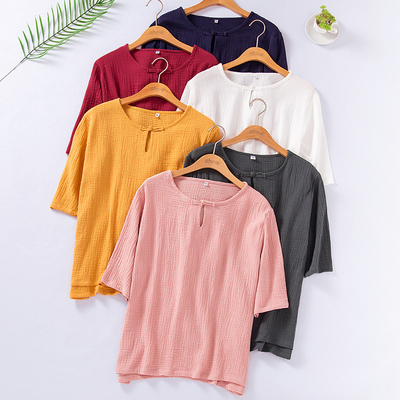 Super-fairy washed cotton yarn crepe cloth pyjamas blouses woman single piece fresh retro thin hollow pure cotton 70%-sleeve t-shirt