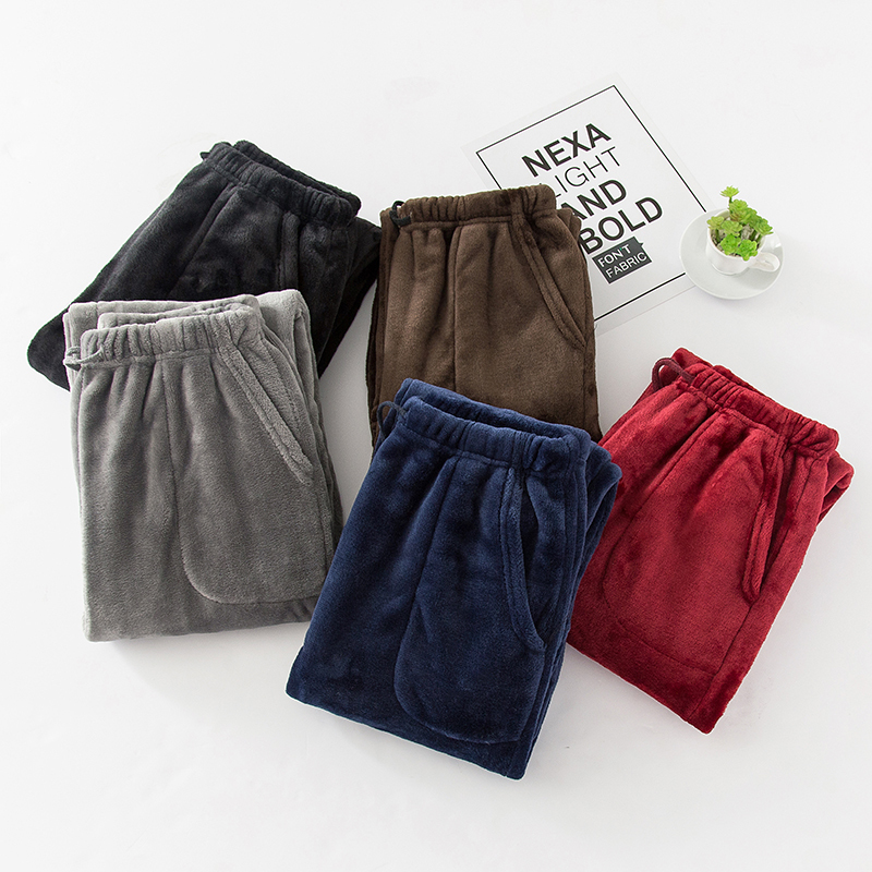 Thick Flannel Pajama Pants for Men, Winter Loose Fit, Large Size, High Waist, Straight Leg, Fleece-Lined, Middle-Aged and Elderly Coral Fleece Home Pants