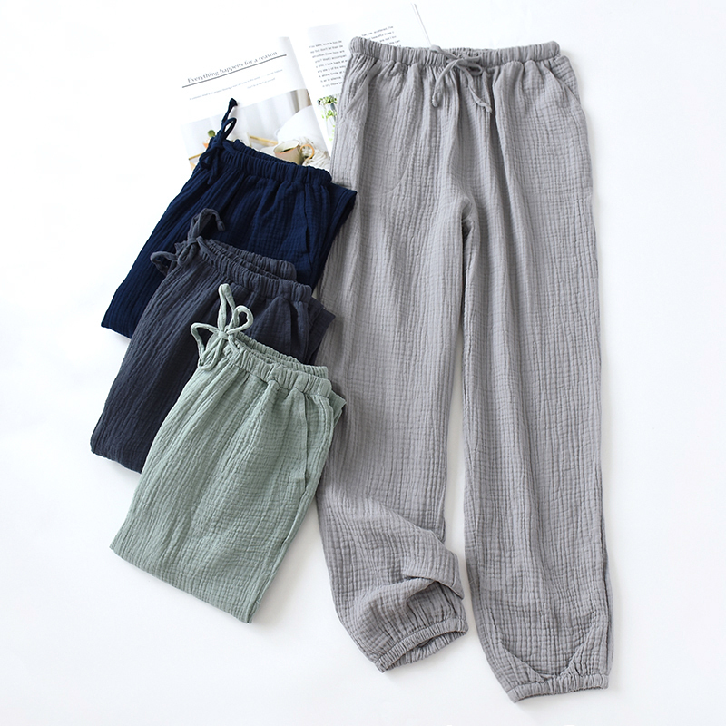 Washed Pure Cotton Gauze Men's Pajama Pants, Long Pants with Cuffs, Thin, Breathable, Vintage Crepe, All-Cotton Loungewear for Spring and Autumn Washed Pure Cotton Gauze Men's Pajama Pants, Long Pants with Cuffs, Thin, Breathable, Vintage Crepe, All-Cotton Loungewear for Spring and Autumn
