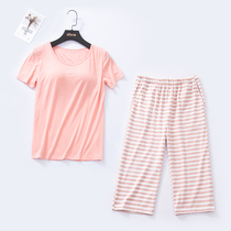 Modal Cotton Women Summer with Chest Pads Striped Home Clothes Set Short Half Sleeve Thin Casual T-Shirt Capri pants Pajamas