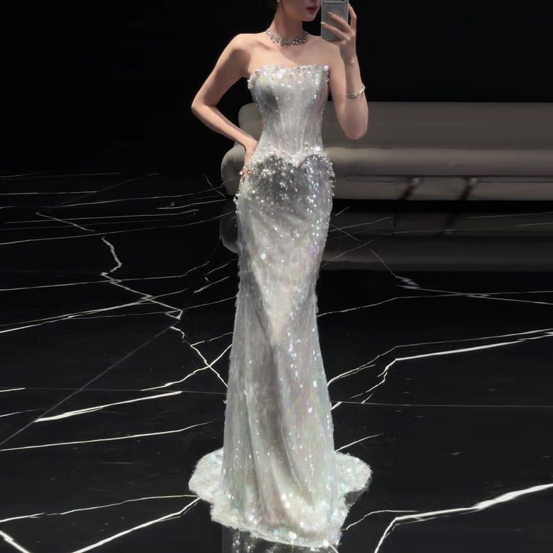 Silver Sequin Evening Dress, Light Luxury, High-End, Niche, Stunning Engagement Fishtail Dress, Strapless Bride's Wedding Reception Dress