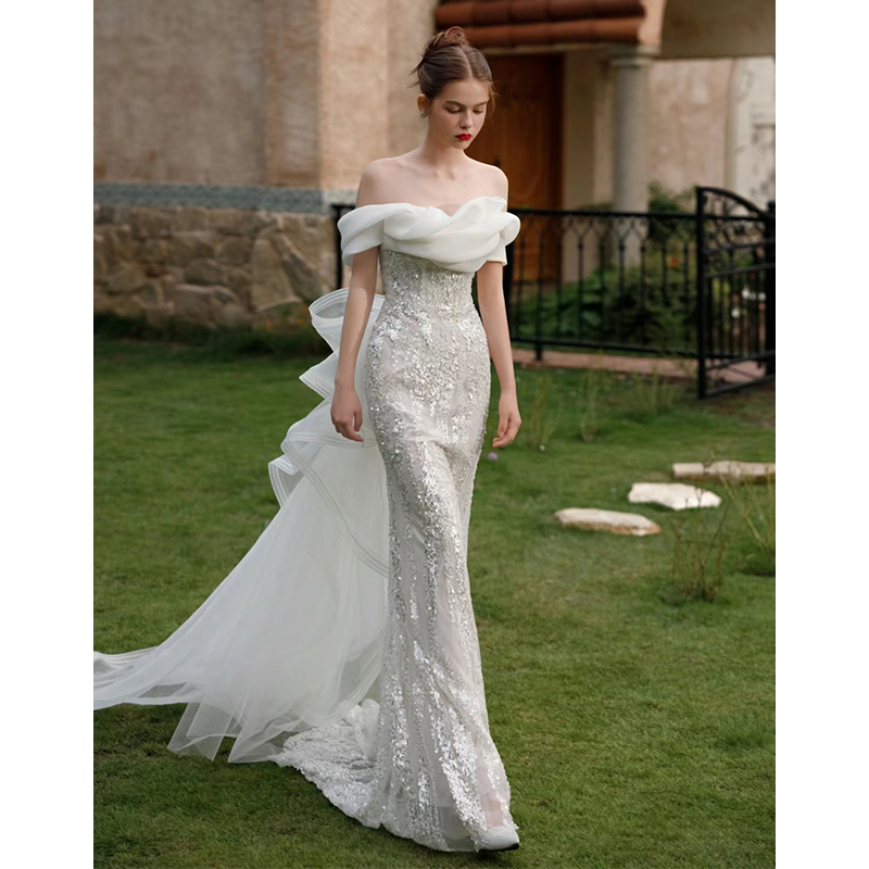 Wedding dress, advanced nail sequins for bride, open shoulders, 