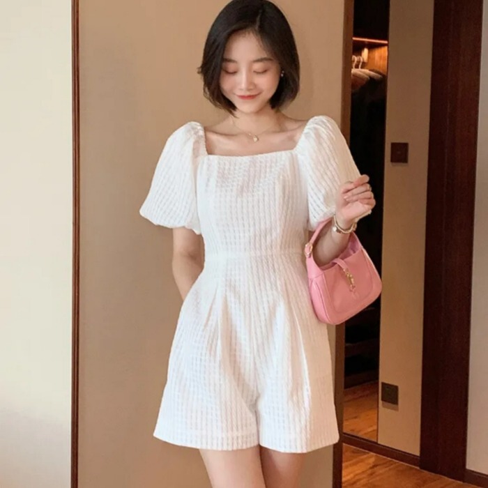Summer French Style New Petite Jumpsuit Women's One-Shoulder Square Neck Puff Sleeve One-Piece Shorts Set Summer French Style New Petite Jumpsuit Women's One-Shoulder Square Neck Puff Sleeve One-Piece Shorts Set
