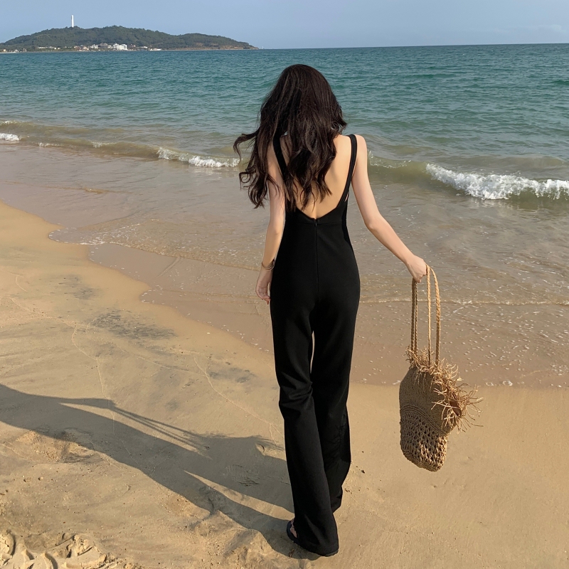 Black Elastic U-Neck Sleeveless Suspender Jumpsuit Set for Women, New Summer Style, High-End Backless Long Casual Pants