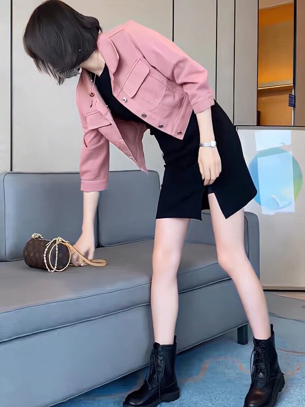 Trendy Hong Kong Style Petite Fashion Youthful Women's Spring Denim Jacket with Slit Bodycon Dress Versatile Set