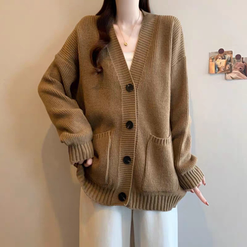 Casual style v-neck single-breasted sweater jacket for women in autumn and winter plus size fat girl korean style slimming loose top