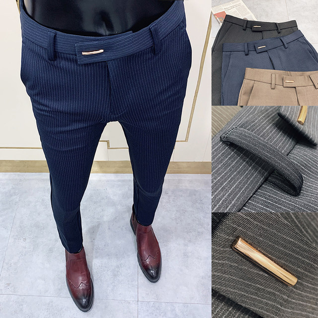 Stretch Striped Small Suit Pants Nine-Point Pants Men's Business Formal Casual Small Footsuit Pants Men's Korean Style Slim Trend