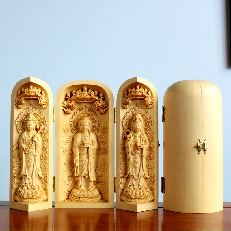Cypress Wood Carved Ornaments, Buddha Statues, Western Three Saints, Saha Three Saints, Guanyin, Ksitigarbha Bodhisattva, Portable Buddhist Shrine, Three-Opening Box